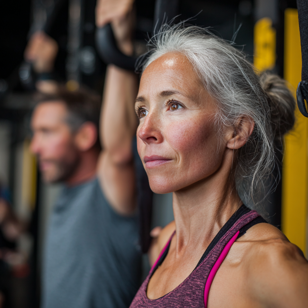 51 years old woman participating in functional fitness training session