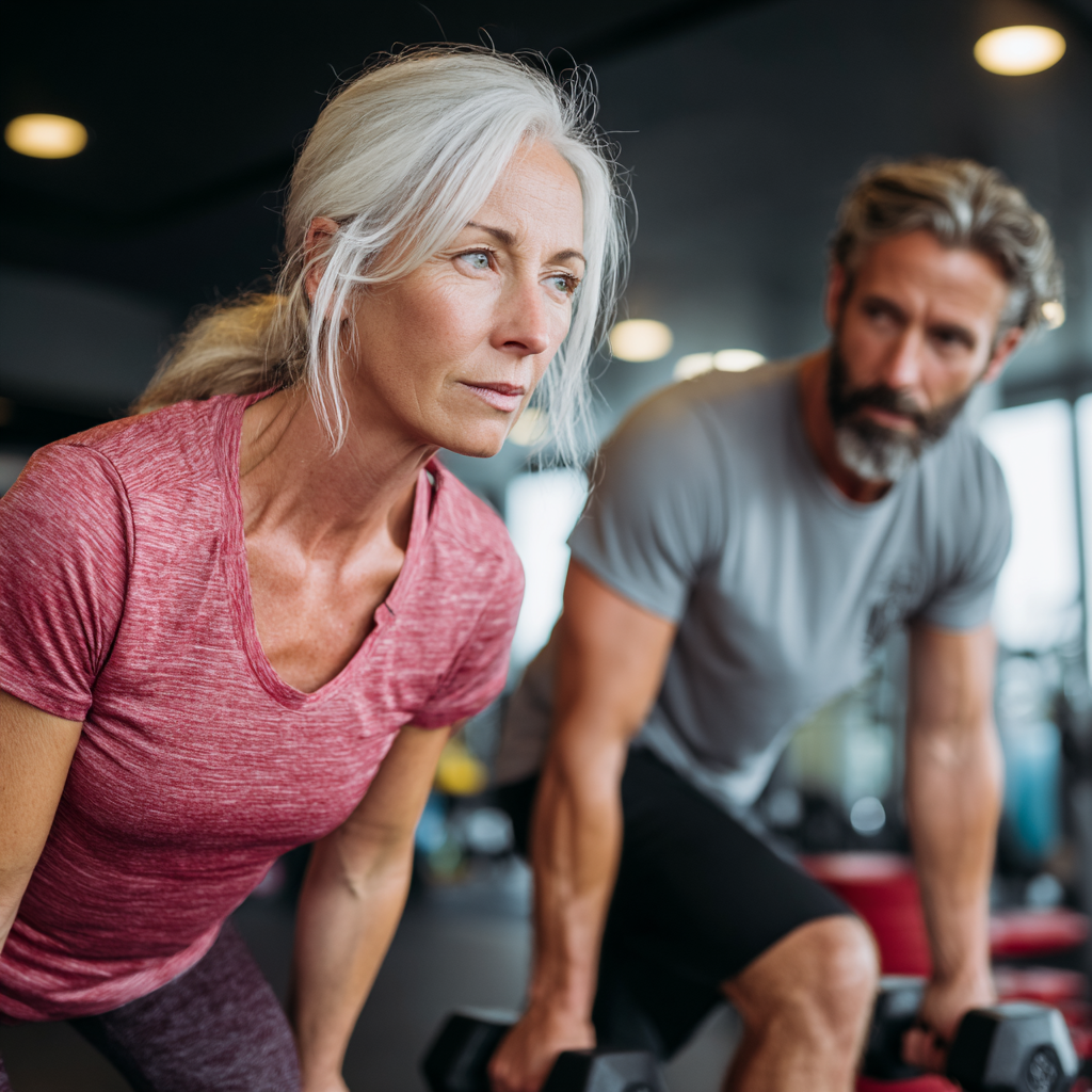 Active 50 years old woman exercising with professional trainer in modern fitness environment