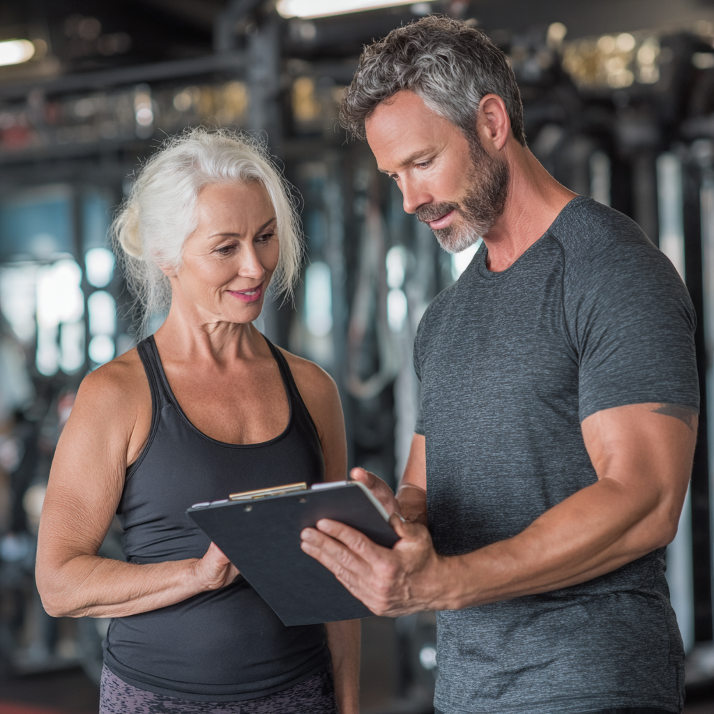 Experienced 53 years old woman fitness instructor consulting with 50 years old man about personalized training program